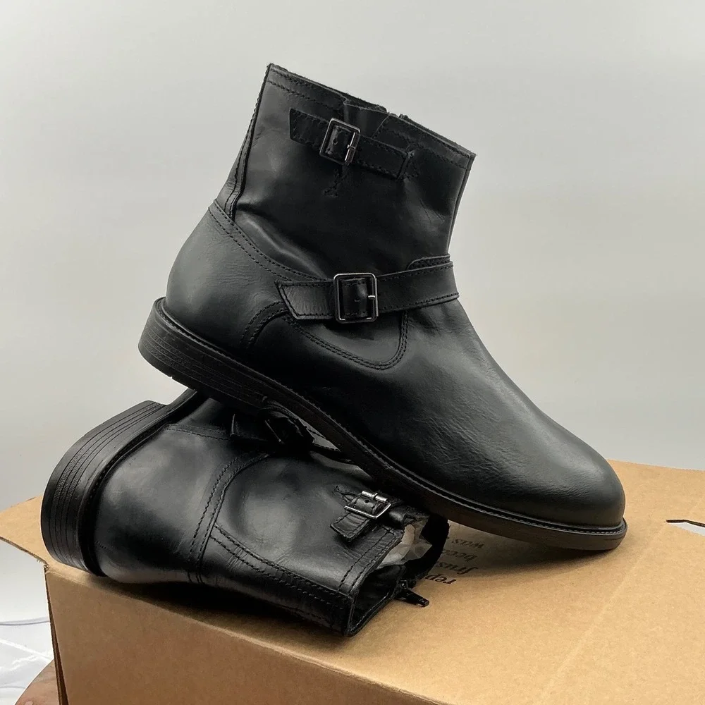 Steve Madden Mens Black Leather Harness Ankle Boots Side Zip Buckle Detail